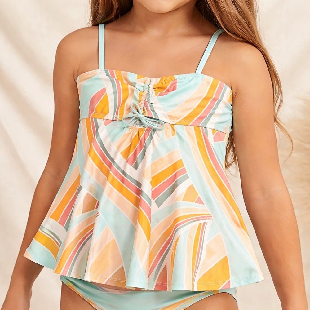 Wonder Nation Girls 7/8 Tankini Swim Top Striped Peplum Swimsuit